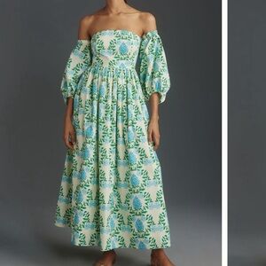 Anthropologie Let Me Be Floral Blue and Green Maxi Dress